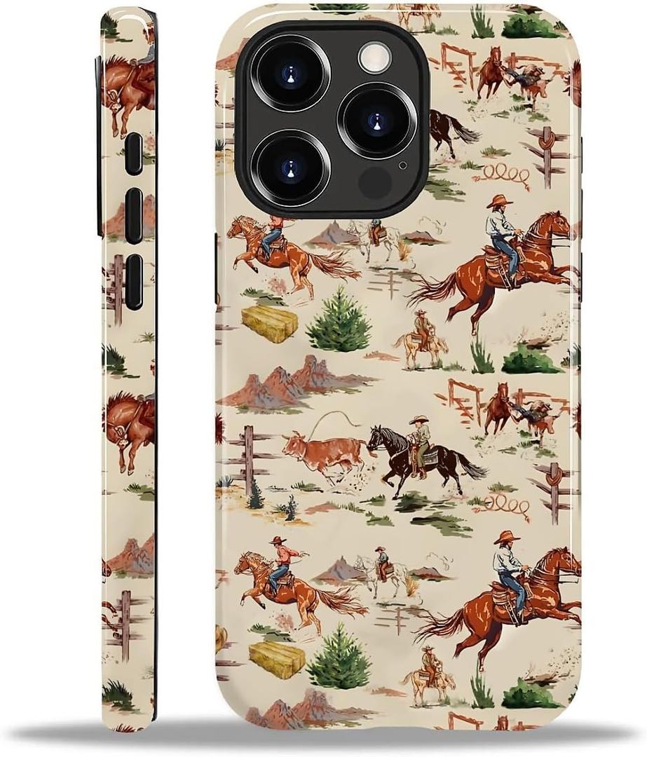 Compatible with iPhone 15 Pro Max Case - Dual-Layer Protection, Hard Shell with Silicone Interior,Slim Scratch Resistant Shockproof for Woman Men - Retro Western Cowboy
