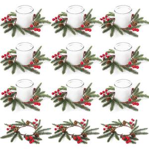 12 Pack Christmas Greenery Candle Rings, Christmas Candle Rings Wreaths with Red Berries and Pine Cones, Xmas Table Decorations Holiday Centerpieces for Tables