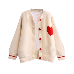FindThy Women's Cute Cardigan Sweater Kawaii Love Heart Print Y2K Button Knitted Outerwear M