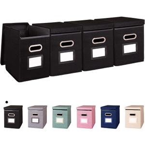 4 Pack Hanging File Folders Organizer with Lid, Letter Size Fabric File Storage Box Collapsible, Portable Office Document Holder with Metal Handle, Smooth PVC Rails, Black