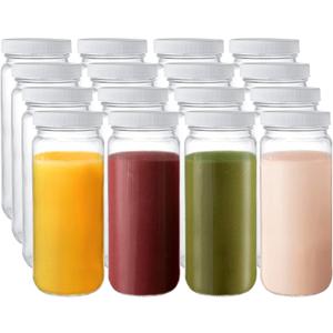 16 Pack Glass Juicing Bottles, 16oz Reusable Glass Drinking Bottle Jar Clear Glass Water Bottle with Plastic Airtight Lids for Juice, Smoothies, Tea, Milk, Kombucha, Beverages