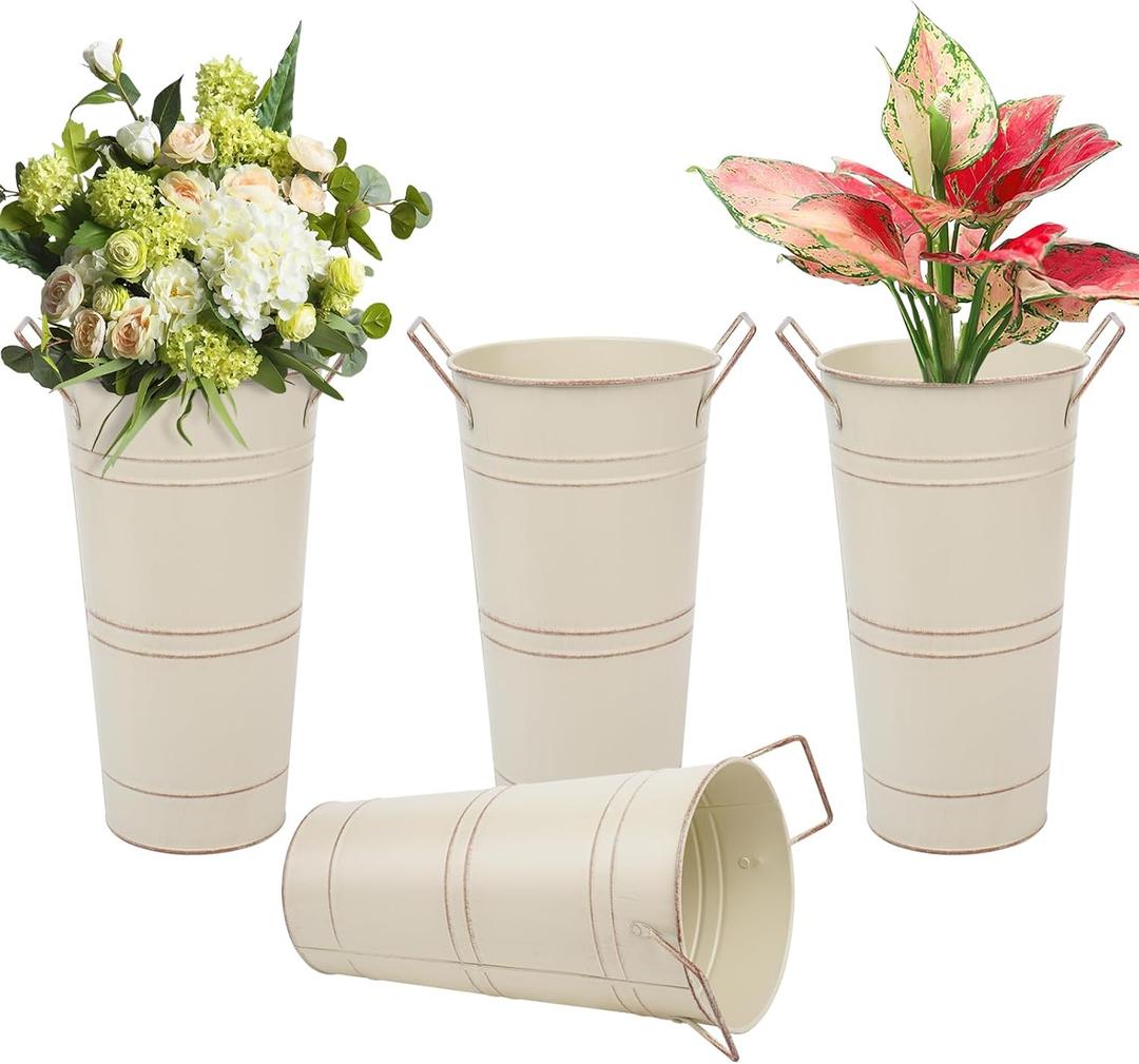 Notakia 10.62 Inch Galvanized Metal Vases Farmhouse French Flower Bucket Vases for Cut Flowers for Home Decor and Wedding Table Centerpiece Decorations (Medium Size Beige 4Pcs)