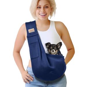 Pet Dog Sling Carrier for 3-10 lbs pet,Dog Purse Pouch,Dog Satchel,Reversible unadjustable Strap Travel Hand-Free Safe Bag Small Puppy Backpack (Dark Blue)