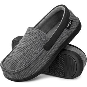 HomeTop Men's Comfort Memory Foam Moccasin Slippers, Breathable Cotton Knit Terry Cloth House Shoes for Indoor Outdoor (11 D(M) US, Dark Gray)