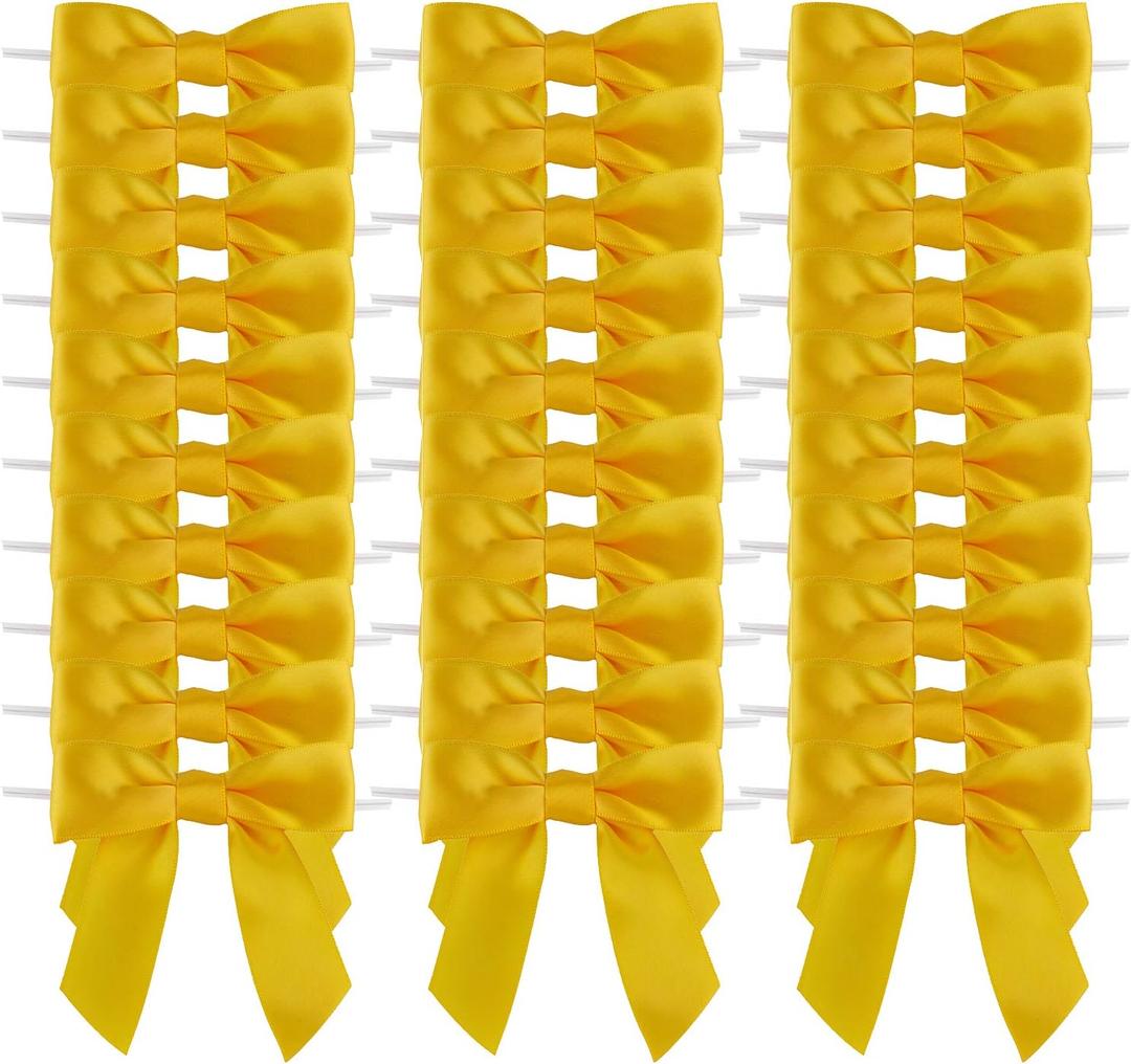 7Rainbows 30pcs Boutique 2.5" Yellow Gold Satin Ribbon Twist Tie Bows for Tying Up Packages Gift Wrapping