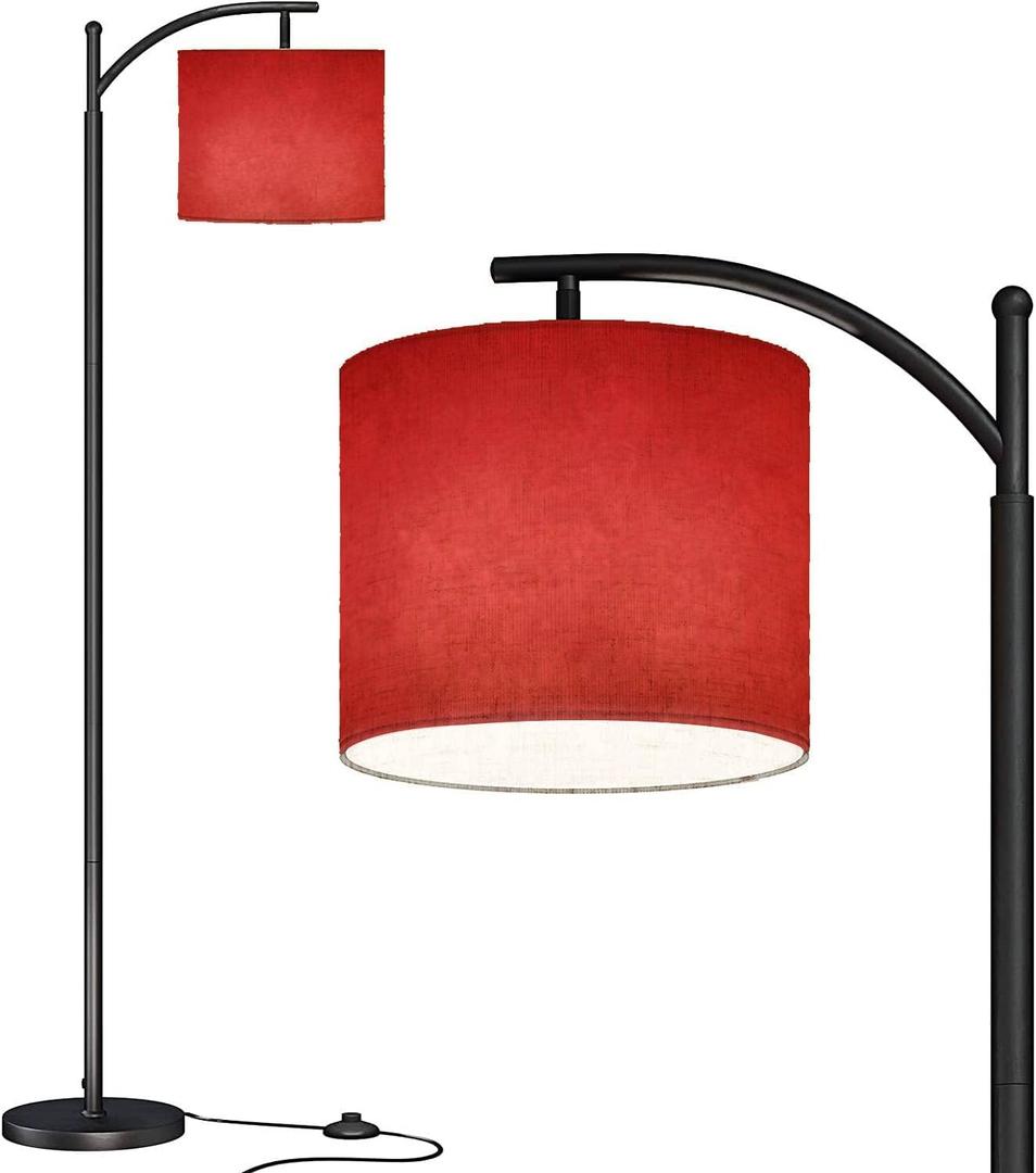 Modern Arc Floor Lamp with Dimmer Mid Century Abstract red Brushed Texture Cement Concrete Metal Standing Lamp with Linen Shade Footswitch for Living Room Bedroom Office