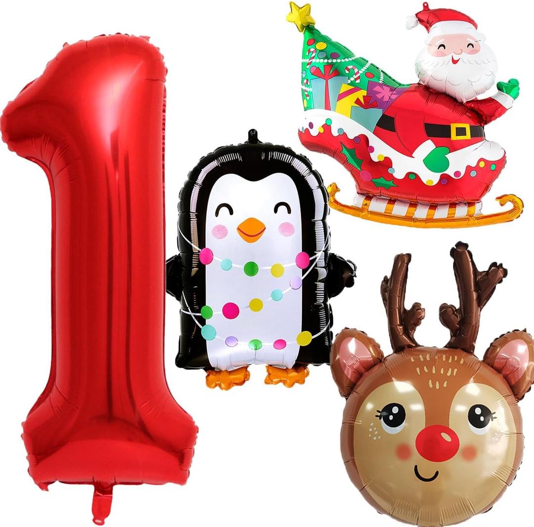 Christmas Foil balloons Christmas Birthday Balloons Number 1 Penguin Santa Claus Reindeer Balloon for Reindeer Themed Party Decoration Supplies Decor Santa Ballons Arch Kits Party Balloon Set 4pcs
