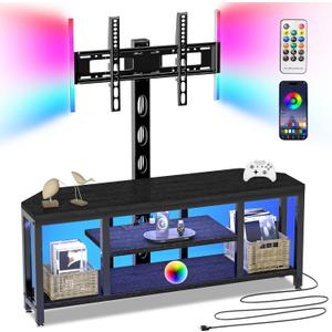 Corner TV Stand with Mount LED - Universal TV Mount Stand for 32-65" TV, Height Adjustable Swivel TV Console Wood & Steel Entertainment Center with Mount, Cabinet, Power Outlet, Colorful Light, Black
