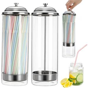 ZEAYEA 2 Pack Glass Straw Dispensers with 200 Pcs Straws, Clear Straw Holder with Stainless Steel Lid, Drinking Straw Organizer Containers for Store, Restaurant, Bar, Home Kitchen, Countertop