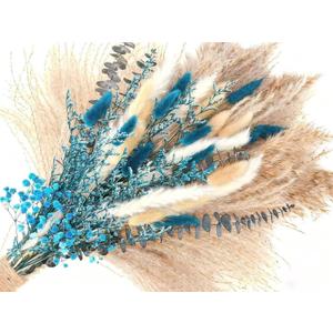 Blue Pampas Grass Bouquet Blue Dried Baby's Breath, Pampas Grass and Eucalyptus Stems, Dried Flower Arrangements for Boho Decor, Rustic Flowers for Home Decor, Bedroom, and Wedding, Table Decor