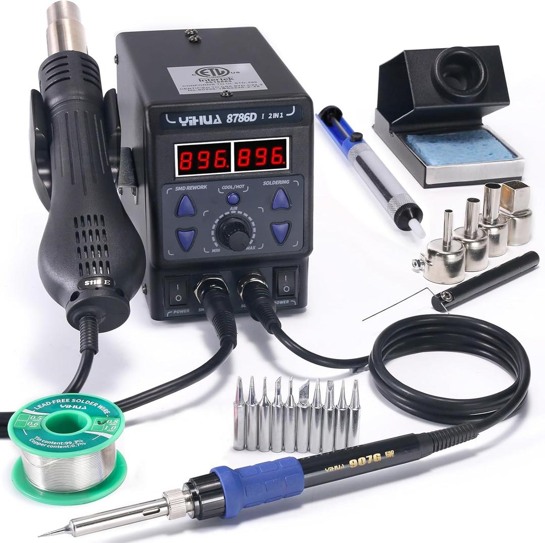 YIHUA 8786D I 2 in 1 Hot Air Rework and Soldering Iron Station with F /C, Cool/Hot Air Conversion, Digital Temperature Correction and Sleep Function