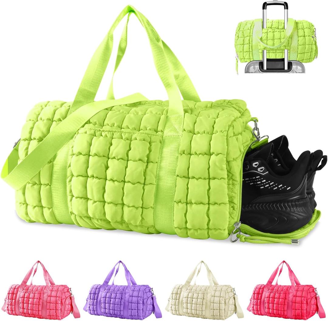 Quilted Gym Duffle for Women - Travel Bag with Shoes Compartment, Puffer Weekender Overnight Carry On with Trolley Sleeve - Personal Item Sports Dance Bag (Light Green) (Medium)