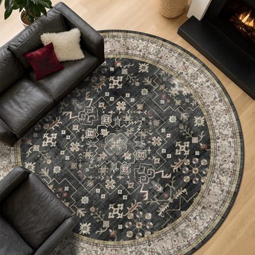 Black Boho Washable Round Rug 8ft - Large Area Rug for Living Room, Bedroom, Dining Room, Low Pile Non Slip, Dark Farmhouse Carpet, Moody Retro 8x8 Circular Indoor Décor