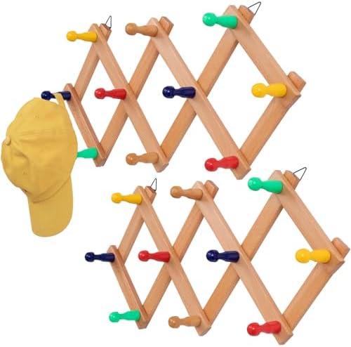 SCUNDA Expandable Hat Rack for Wall, Colorful Wall Hook for Coat/Mug/Baseball Cap, 2 Packs Hat Holder for Girls or Boys Room, Kids Room, Natural 2.5"D x 3"W x 13.6"H