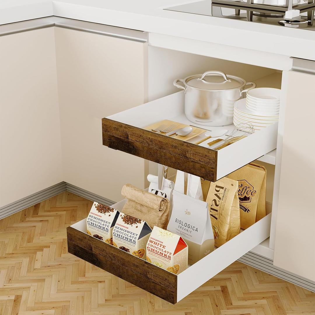 2 Pack Pull Out Cabinet Organizer 13.4" Deep Adhesive Slide Out Cabinet Drawer Peel Stick Pull Out Shelf Drawer for Kitchen Pantry Bathroom Solid Panel with Wooden Front (White 12.2" Wide)