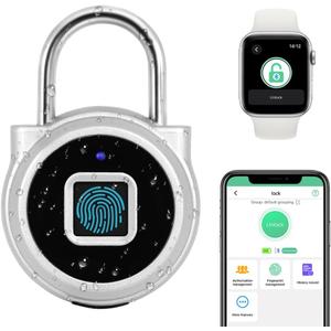 Gym Locker Padlock eLinkSmart Fingerprint Padlock Bluetooth App Authorized View Record Waterproof Security Keyless Smart Combination Lock for Outdoor Locker Backpack Gun Case Silver