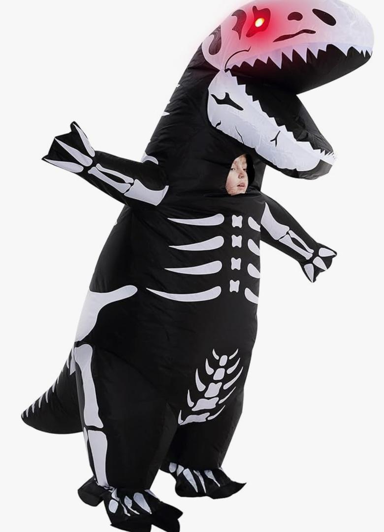 Inflatable Skeleton Dinosaur Costume for Kids, Full Body Skeleton T-Rex Blow Up Costume with LED Light Eyes, Perfect for Halloween Parties size Large
