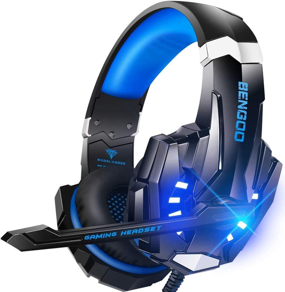 BENGOO G9000 Stereo Gaming Headset for PS4 PC Xbox One PS5 Controller, Noise Cancelling Over Ear Headphones with Mic, LED Light, 7.1 Surround Sound, Soft Memory Earmuffs for Nintendo Xbox Series X|S (Blue)