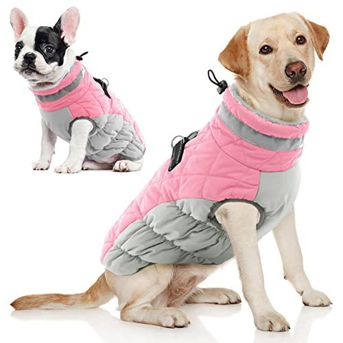 AOFITEE Dog Coat, Warm Dog Jacket, Reflective Winter Coats for Medium Dogs, Turtleneck Dogs Winter Jacket with Harness Built in, Waterproof Windproof Pet Fleece Vest Puffer Jacket, Pink, Size: M