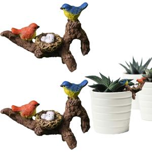 2Pcs Mini Brid Figurines Plant Pot Hang Decor Resin Bird's Nest Sculpture Decoration for Succulent Cactus Pots