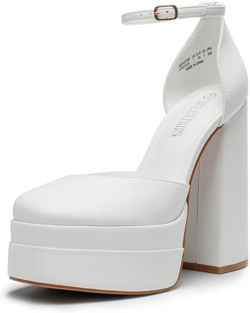 DREAM PAIRS Women’s High Chunky Platform Closed Toe Block Heels Square Toe Ankle Strap Dress Wedding Party Pumps Shoes Aurelia, Size 10, White, SDPU2319W