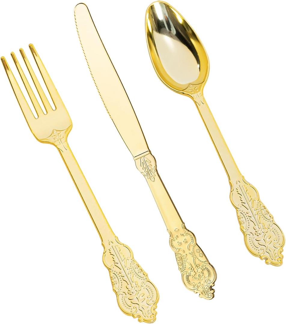 HOMIP 160PCS Gold Plastic Silverware Set Disposable Utensils -Include 80 Forks,40 Knives,40 Spoons -Heavyduty Cutlery Set for Vintage Wedding Party and Daily Use