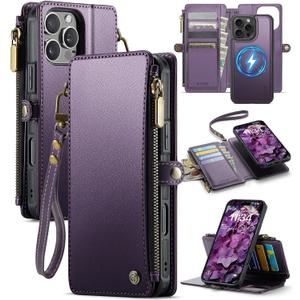 for iPhone 16 Pro Max Wallet Case Magnetic [Compatible with Magsafe] [RFID Blocking Card Holder] [Zipper] Strap Detachable Drop-proof Protective Phone Cases for iPhone 16 Pro Max 6.9", Purple