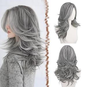 FESHFEN Grey Wavy Layered Wig with Curtain Bangs for Women, 20 Inch Long Synthetic Natural Looking Middle Part Hair Wig For Costume Party Daily Use