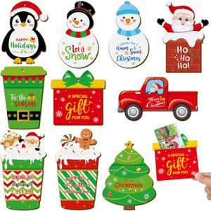 10 Pcs Christmas Wooden Gift Card Holders Money Holders Snowman Santa Card Sleeves Decor for Christmas Tree Ornament Winter Holiday Gift Tags,Cards Not Included