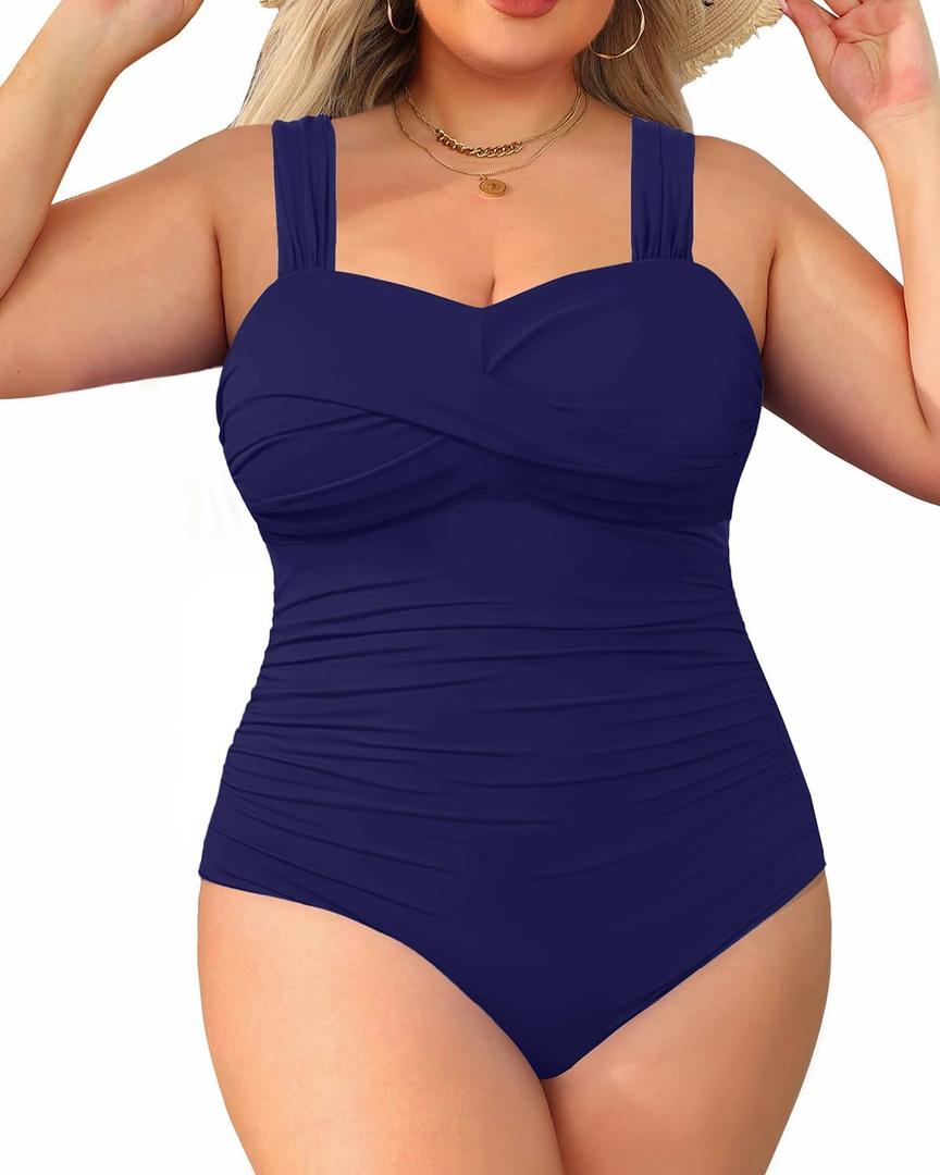 Yonique Plus Size One Piece Swimsuit for Women Tummy Control Bathing Suit Ruched Swimwear (Navy Blue) 20W