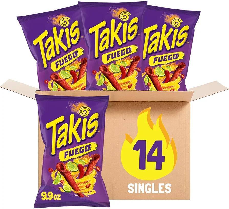 Takis Fuego Rolled Spicy Tortilla Chips, Hot Chili Pepper Lime Flavored, Multipack Box 14 Bags, 9.9 Ounces Each EXP. 02/23/2026