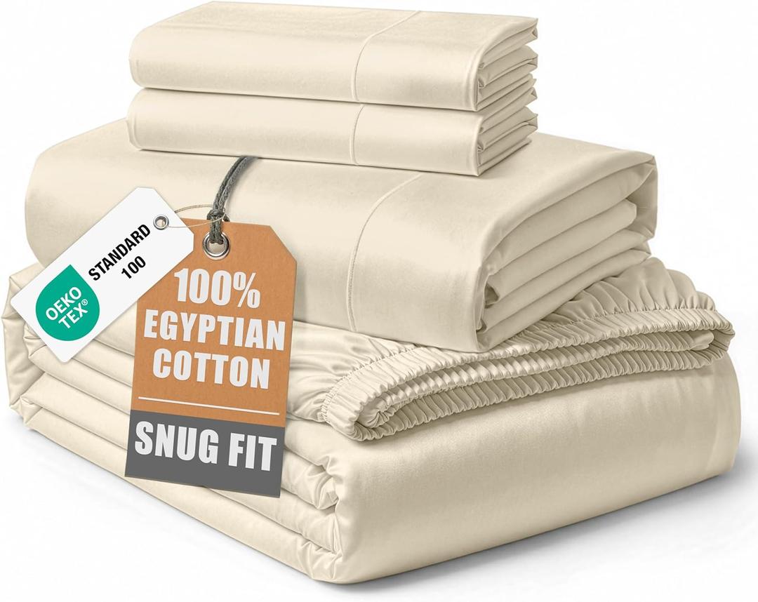 LANE LINEN 100% Egyptian Cotton Full Size Bed Sheets, No Pill Naturally Cooling Sheets Full Size, Soft & Comfy Sateen Weave for Silky Smooth Finish, Ivory