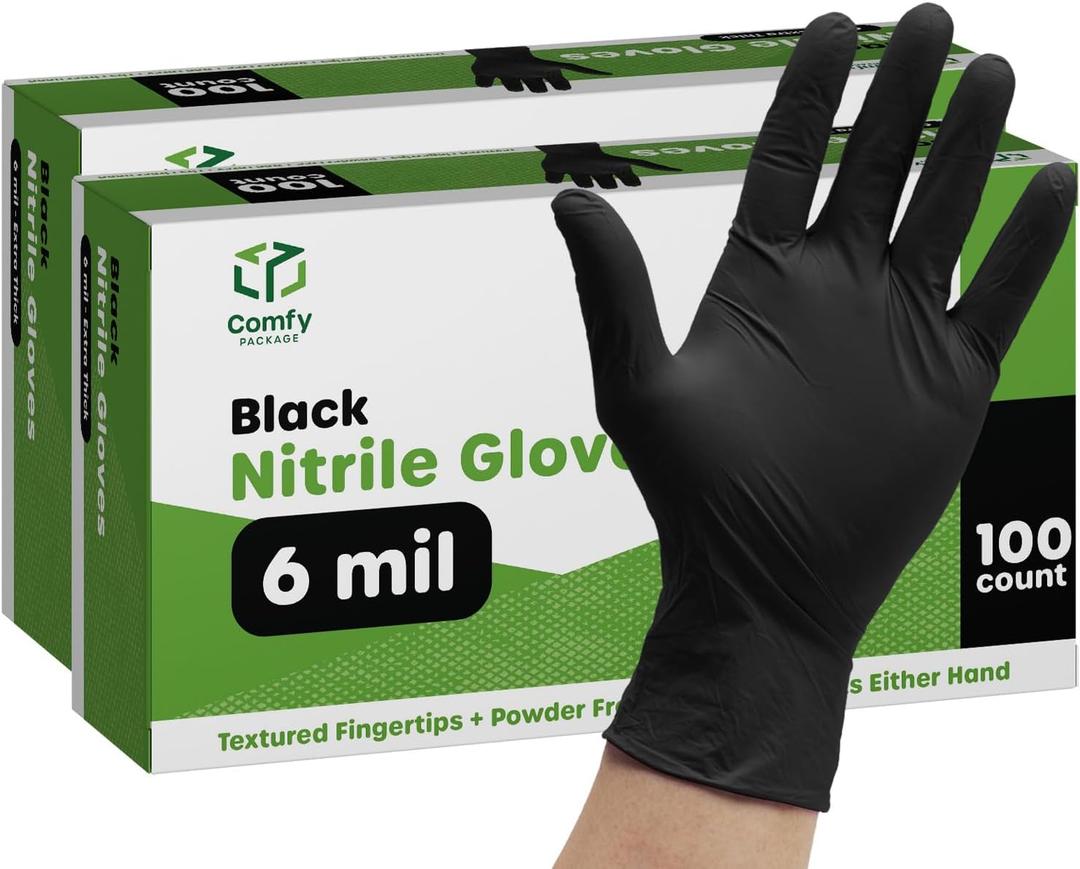 Comfy Package Black Nitrile HEAVY DUTY 6 Mil. Chemical Resistance, Latex & Powder Free, Textured Fingertips Disposable Gloves (Medium)