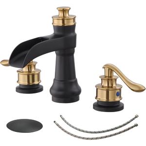 BWE Black and Gold Widespread Bathroom Faucet 3 Hole 8 Inch 2 Handles Commercial Bathroom Sink Faucet with Brass Pop Up Drain Stopper and Supply Lines Bath Vanity Lavatory Mixer Tap,6.81 inch Widespread Version, Black and Gold