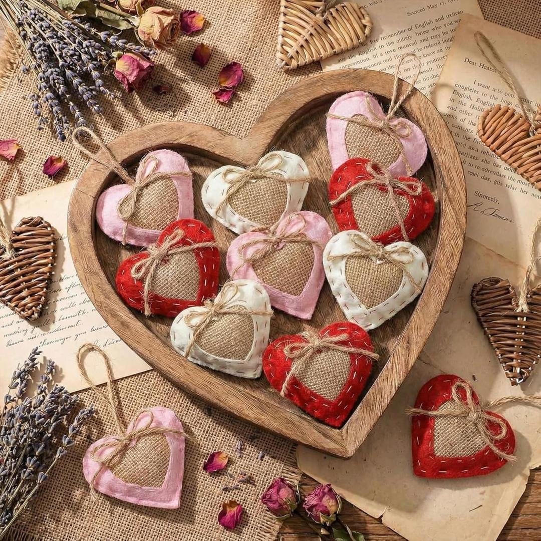 24 Pcs Neutral Valentine's Day Ornaments Felt Heart Ornament White Red Pink Stuffed Heart Bowl Vase Fillers Rustic Farmhouse Barn Style Valentines Day Decor for Tree Home Table Party Decor