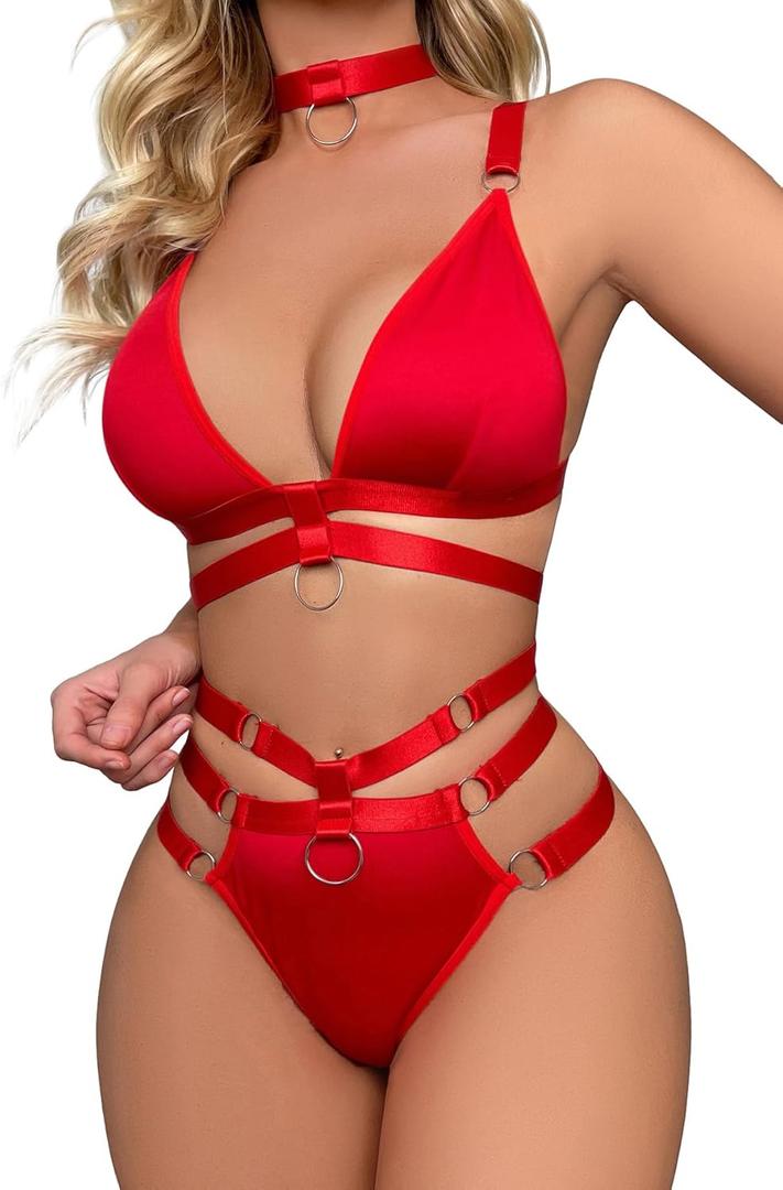 Lilosy Sexy Wireless Choker O Ring Linked Strappy Harness Lingerie Set Outfits 3 Piece (Small, Red)