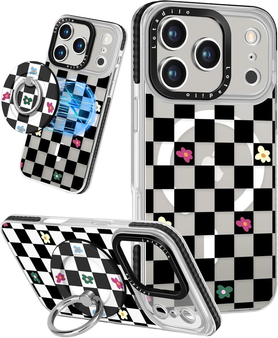 Case for iPhone 17 Pro Max Case Compatible with Magsafe Ring Holder Stand - for Women Plaid Flower Design TPU Phone Cover for Girls Girly Funny Fashion