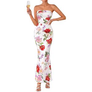 PRETTYGARDEN Womens Strapless Maxi Dress 2026 Summer Floral Bodycon Sleeveless Tube Back Slit Wedding Guest Cocktail Dresses (L)