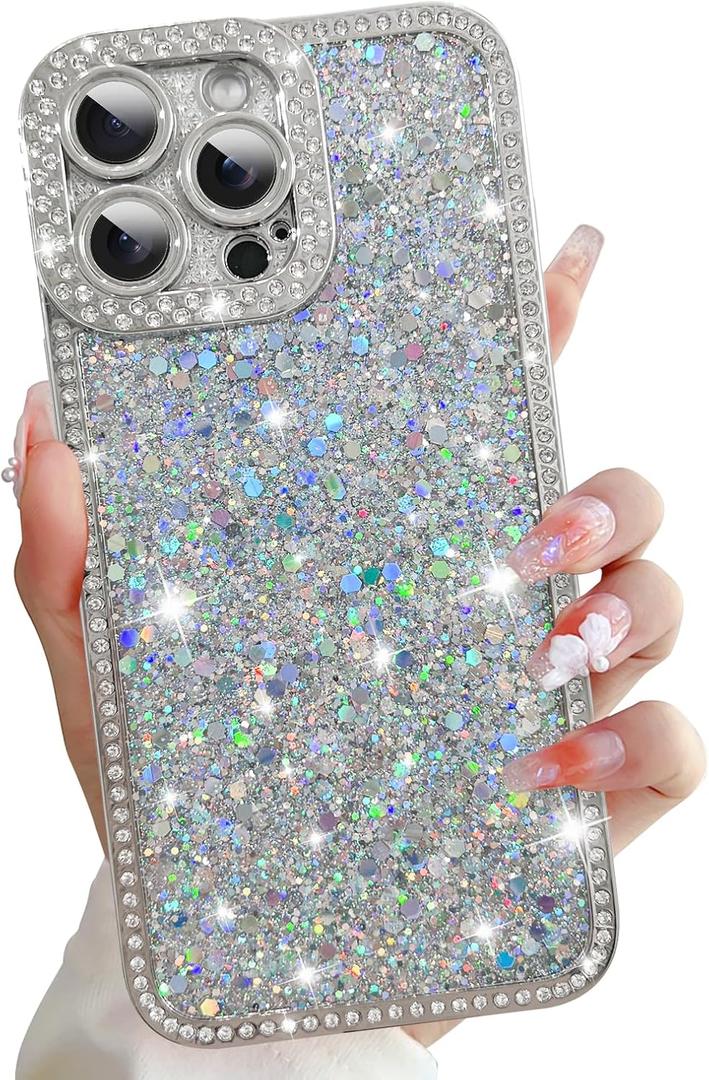 iPhone 16 Pro Max Case, Glitter Crystal Diamond Sequin Design, Shiny Bling Luxury Phone Case for Women Girls, Aesthetic Cute Full Protection, Soft TPU Slim Shockproof Phone Case, Silver