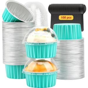 Cupcake Pans With Dome Lids 100 Pack,LNYZQUS 5oz Mini Aluminum Baking Cups Muffin Tin,Disposable Ramekins Cake Containers Holders -Cyan Blue (Round125)