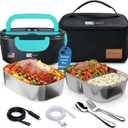 FORABEST Heated Lunch Box - 80W Electric Lunch Box - Portable Food Warmer with 2 Stainless Steel Containers 1.5L, Carry Bag & Leakproof Lid - 12V/24V Car/Truck & 110/220V Home/Office - Neon Blue