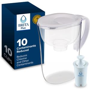 Brita 10 Cup Water Filter Pitcher, Reduces Chlorine, Mercury, Cadmium, Copper and More, Includes 1 Brita Plus Filter, BPA Free, Clear