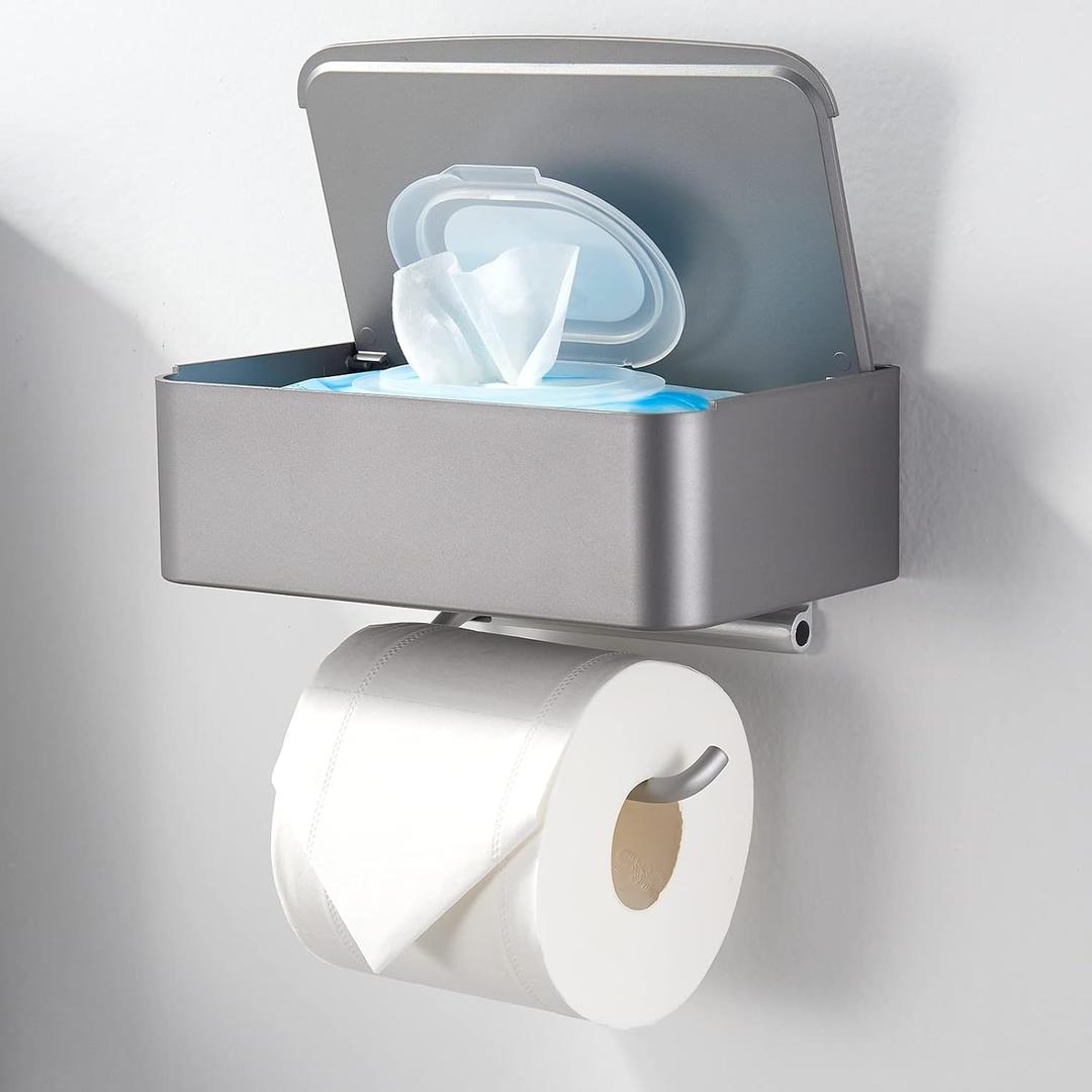 Toilet Paper Holder with Shelf,Flushable Wipes Dispenser Wall Mounted Grey Bathroom Storage Rack Hide Wet Wipes for Bathroom Washroom Toilet Paper Holder with Shelf,Flushable Wipes Dispenser Wall Mounted Grey Bathroom Storage Rack Hide Wet Wipes for Bathroom Washroom