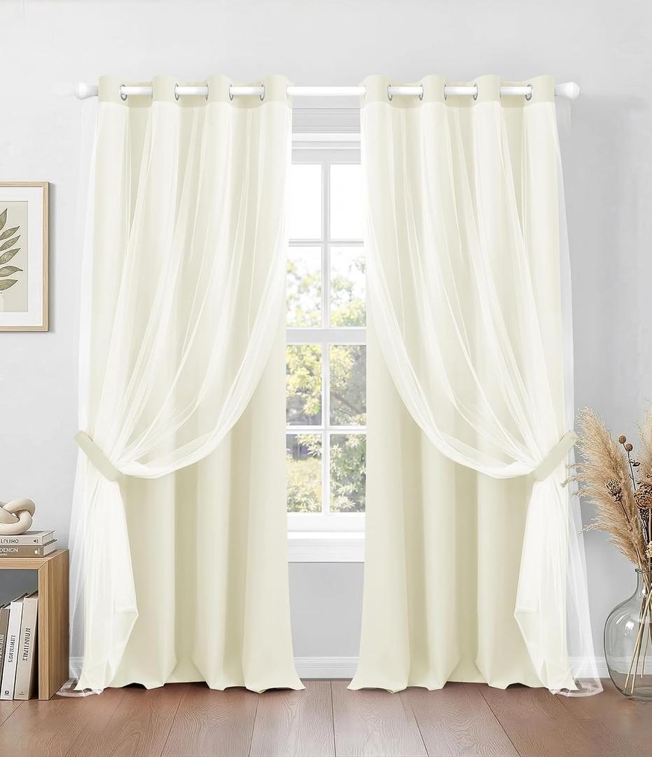 100% Blackout Curtains with Sheer Overlay, 2 Panels Thermal Insulated Double Layer Grommet Drapes for Girls Bedroom Living Room Darkening Apartment Windows Decor, 52" W x 120" L, Beige