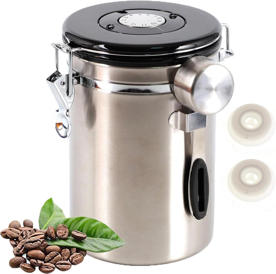 SUEIANNMN1.8L Coffee Canister Airtight, 26oz Coffee Storage Container Stainless Steel Air Tight Coffee Jar with Scoop, Date Tracker, 2 Extra CO2 Release Valve for Beans Ground Tea Flour Sugar (Sliver)