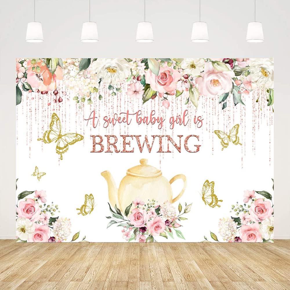Ticuenicoa 7x5ft A Baby is Brewing Baby Shower Backdrop for Photography Teapot Butterfly Floral Babyshower Background Newborn Kids 1st Birthday Party Backdrops Cake Table Banner Photo Booth Props