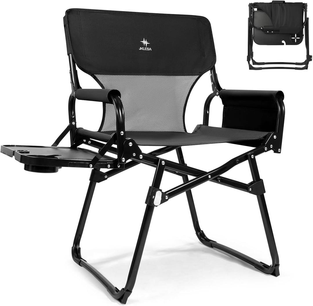 Heavy-Duty Camping Directors Chair with Side Table, 400lb Capacity, 600D Oxford, Quick Setup, Smart Storage & Ergonomic Comfort, Durable Steel Frame for Camping, BBQs & Sports Events Black
