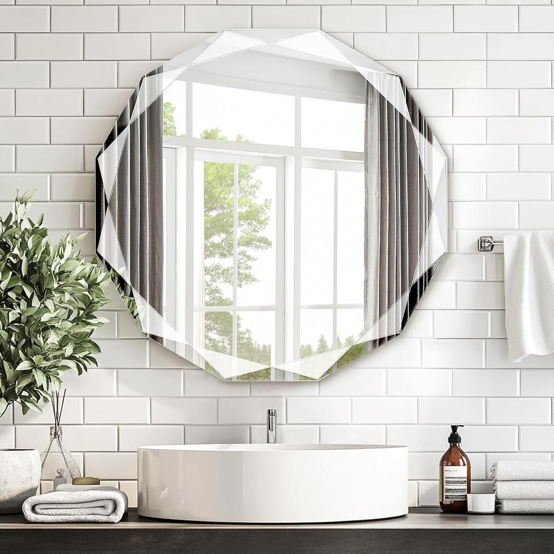 Furnbar Wall Mounted Bathroom Vanity Mirror, 20"x20" Single Beveled Edge Frameless Rounded Mirror, Large Bathroom Mirror for Over Sink Wall, Living Room, Entryway, Cloakroom
