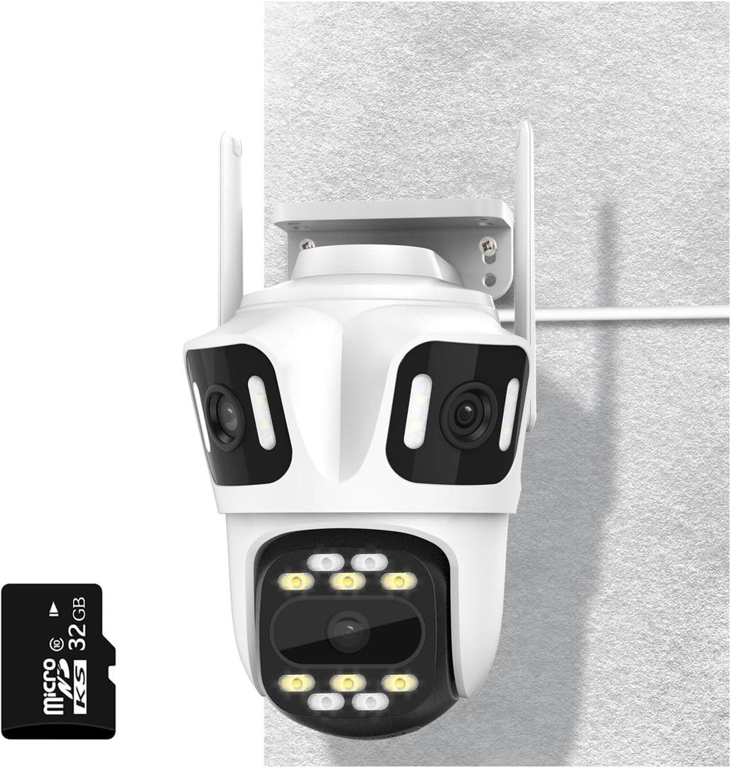 3 In 1 Security Camera Indoor Outdoor, 360 View Pan/Tilt Wi-Fi Camera Wired 24/7 Recording, 32GB Local Storage, No Subscription, Free AI Detection, Motion Tracking, 2 Way Audio, Color Night Vision