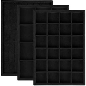 Rocutus Jewelry Trays,3 Pack Stackable Velvet Jewelry Organizer Tray Drawer Jewelry Storage Tray,Divided Ring Organizer Tray for Earrings, Necklaces, Bracelets,13.8"x9.5"x1.2" (Black)